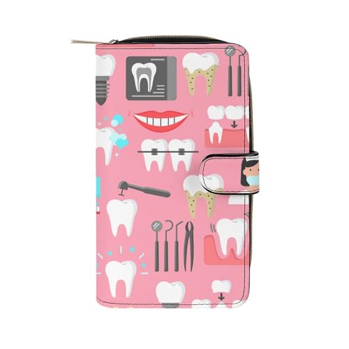 Portefeuille cuir rose motif dentaire compact multifonctionnel portable