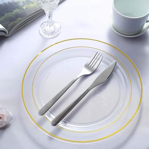 Efavormart 10 Pack - 10\" Gold-Trimmed Clear Round Plastic Dinner Plates for Weddings, Birthdays, Parties, Gathering, Graduation Ceremonies, Special Events - Thumbnail 6