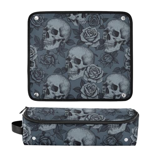 Organizador 2 en 1 para Herramientas de Cabello con Base Resistente al Calor, Bolsa de Almacenamiento para Planchas, Rizadores, Indispensable para Viajes con Diseño Calavera y Rosas Gótico para Mujeres miniatura 3