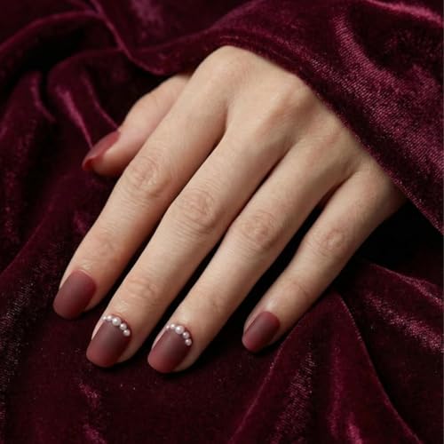 Image of Fake Nails with Glue and Kit| Press On Nails | ABS Material UV Protected Long Lasting Finish | Reusable Customizable Nail Kit (Burgundy - Short Squre)
