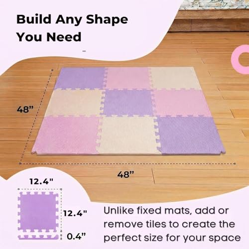 Image of MioTetto Soft Non-Toxic Baby Play Mat | Colourful Puzzle Play Mat | Foam Floor Mats with 16+2 Bonus Squares for Kids | Interlocking EVA Foam Tiles, Pink Purple Beige, 16