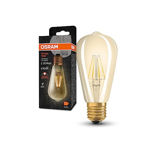 Osram Vintage 1906 Classic Edison FIL LED-Lampe, E27, gold, 4W, 410lm, 2400K, warmweiße Komfortlichtfarbe, sehr geringer Energieverbrauch, lange Lebensdauer