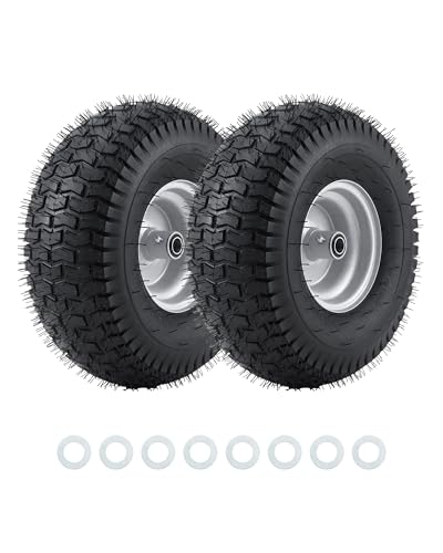 15x6.00-6 Lawn Mower Solid Tire, 3"-4.4" Centered Hub Lawn Mower Wheel with 1/2" 5/8" 3/4" Ball Bearings, Heavy Duty 500lbs Load Capacity Zero Turn Mower Front Replacement Tires, 2 Pack