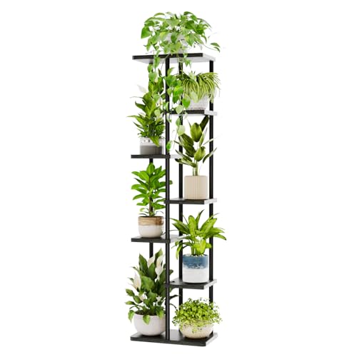 Bamworld Blumenständer Hoch aus Metall und Holz – Pflanzenständer mit 7 Ebenen, Pflanzenregal für Innenbereich, Blumentreppe Modern, Blumenregal für Wohnzimmer & Balkon, Schwarz