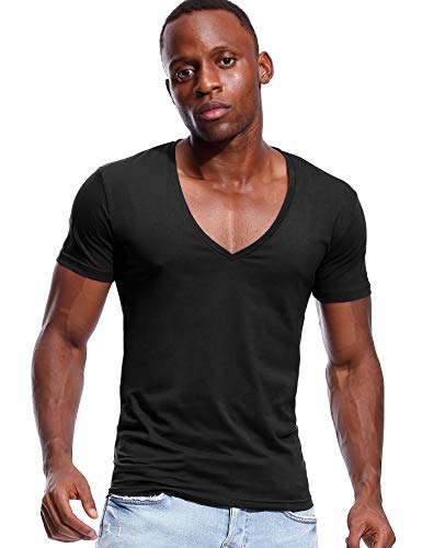 Deep V Neck T Shirt for Men Low Cut Stretch Tee Vee Top Short Sleeve Black S