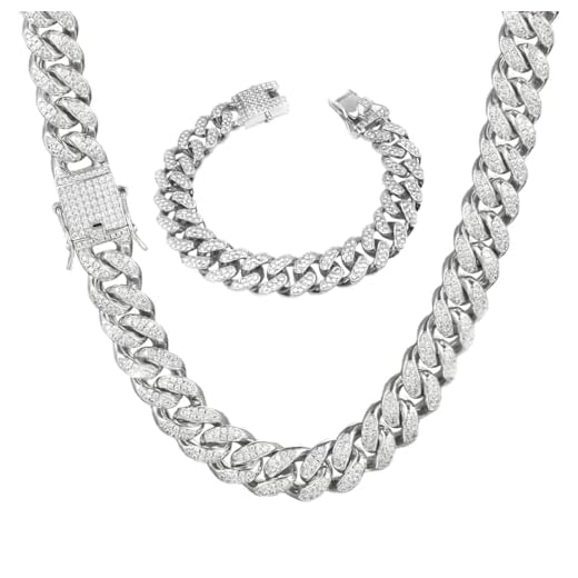 MIRKUZI Colliers pour homme, Ensemble collier et bracelet ras du cou Miami pour hommes, bijoux Hip Hop pour garçons et hommes, chaîne en diamant scintillant (argent)