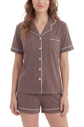Image of LUBOT 100% Cotton Pajamas for Women 2 Piece PJ Set Button-Down Soft Knit Short Sleeve Summer Sleepwear Loungewear XS-XXL