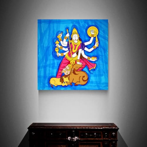 Image of ARTEBELLA Goddess Durga Canvas Wall Art, Vibrant Blue Multi-Armed Deity Painting, Home and Workspace Decor (32 in X 32 in)