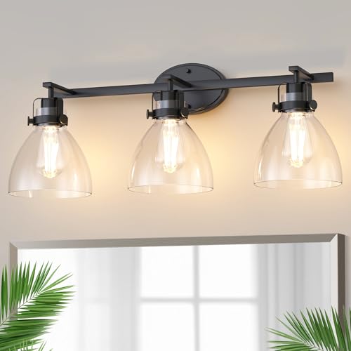Image of DORESshop 3-Light Black Bathroom Vanity Light Fixture, Modern Wall Mounted Vanity Lighting with Clear Glass Shades - Waterproof & Damp Rated for Bathroom, Powder Room, Dimmable LED Bulb Compatible