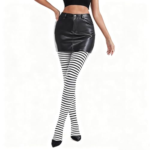 Zando Black And White Striped Leggings Women Halloween Leggings for Women Striped Tights Stretchy Opaque Footed Pantyhose for Halloween Costume Party Black White Stripe