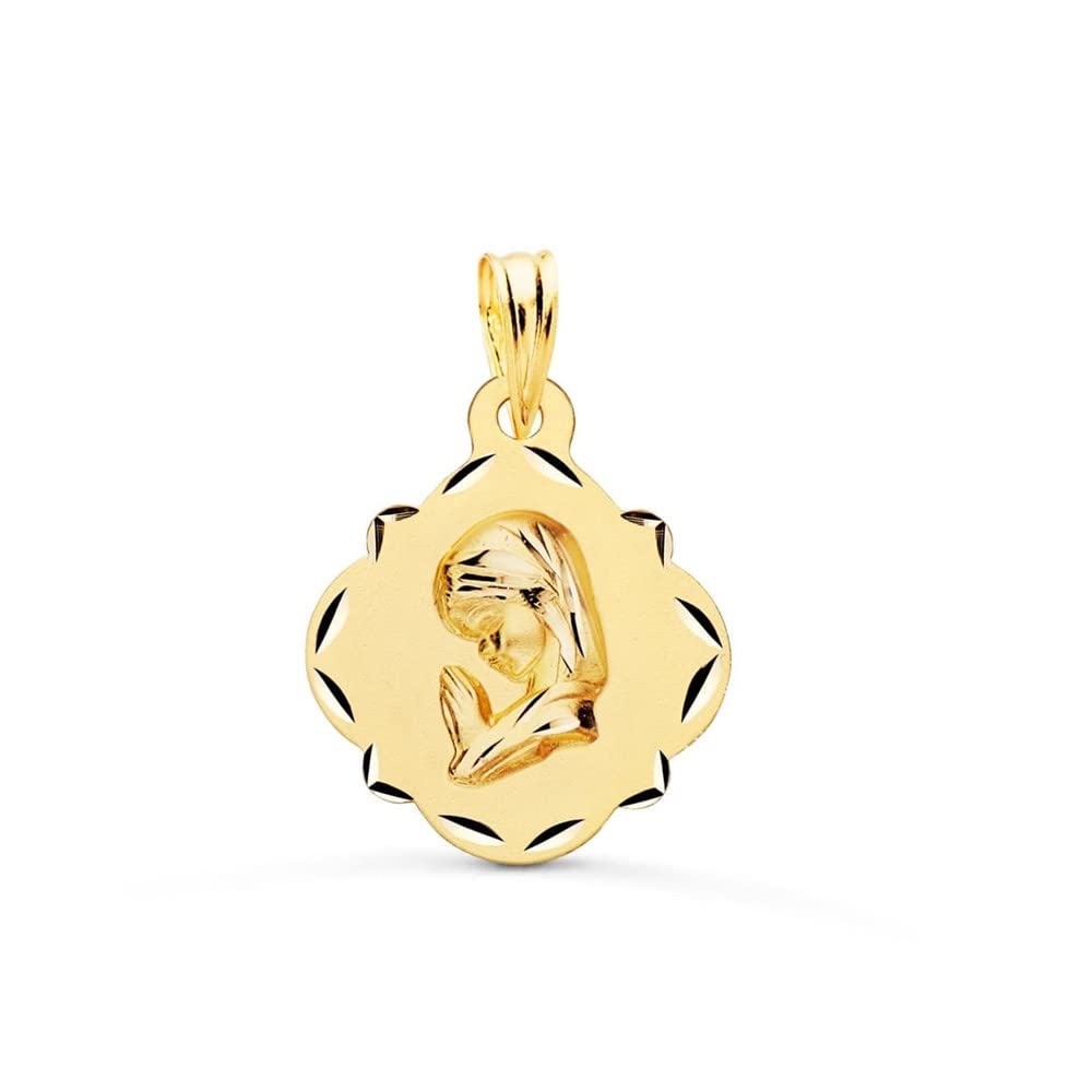 Virgen Niña medalla oro 18k Primera Comunión 19mm. forma pandereta detalles tallados borde