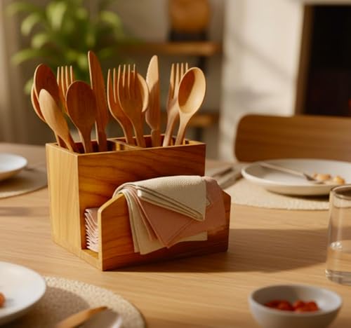 Image of Wooden Brown Dining Table Organizer - Cutlery Holder with Tissue Paper Stand | Spoon, Fork & Napkin Holder for Kitchen & Table | 15 x 10 x 12.5 cm