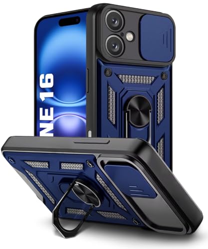 Image of WOW IMAGINE Tough Armor Bumper Mobile Back Case for iPhone 16 | Sliding Camera Shield Cover | Shock Proof 360 Protection | Hybrid PC + TPU | Ring Holder with Kickstand - Blue