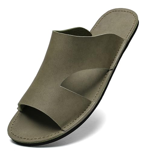 Men's Leather Flat Slides Sandals with Hand Stitched Casual Lightweight Open Toe Comfortable Soft Bottom Slip On Slippers Summer Indoor Outdoor Anti-Slip Beach Sandals