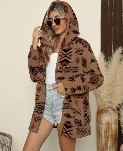 ZAFUL Women's Long Sleeve Zip Up Coat Faux Fur Ethnic Aztec Print Fall Jacket with Pocket Teddy Cropped Oversized Outwear3
