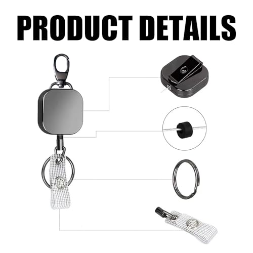 Image of Retractable ID Card Holder with Carabiner and Key Ring, Black | Zinc Alloy Carabiner With Key Ring And Back Clip For ID Cards, Access Badges And Keys At Offices, Campuses And Worksites