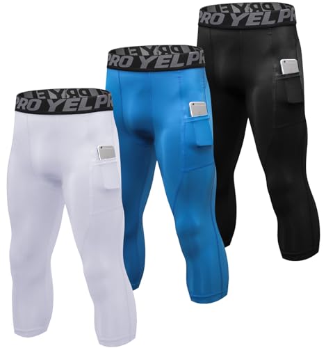 SPVISE Paquete de 1 o 3 pantalones de compresión 3/4 para hombre, leggings atléticos para gimnasio, mallas para correr, ajuste seco, capa base, bolsillo inferior, Negro + blanco + azul, Large
