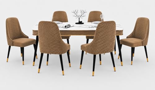 Image of WOODEN SPACE 6-Seater Wooden Dining Table Set | Nano Composite Marble Top | Solid Wood Base | Modern Dining Room Furniture with 6 Chairs (Brown Modern Vento)