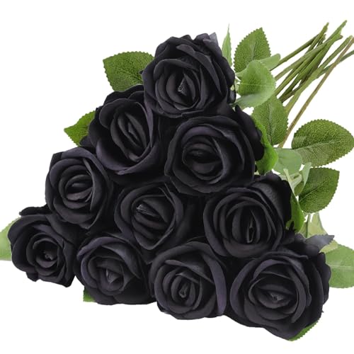 N&T NIETING Künstliche Rosen 10 Stück Seidenblumen Einzelner Langer Stiel Fake Schwarze Rose Künstlich Blumen für Brautstrauß Arrangement Hochzeit Home Table Party Muttertag Dekoration(Schwarz 51cm)