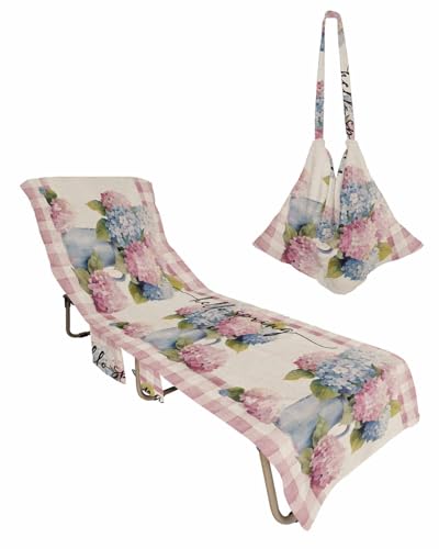 Pink Plaid Spring Floral Beach Lounge Chair Towel Cover, Soft Chaise Lounge Towel with Side Pockets Patio Pool Chairs Cover for Beach/Pool Sunbathing 29x85 Watercolor Summer Botanical