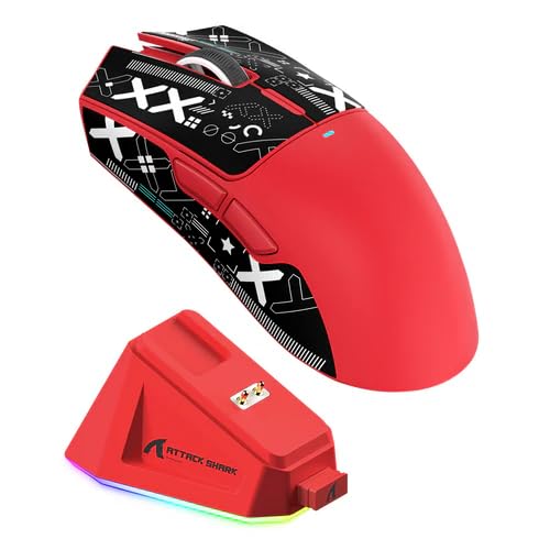 Image of Attack Shark X11 Wireless Gaming Mouse with Grip Tape, PAW3311 Sensor, 22000 DPI, Tri-Mode Connectivity, RGB Lighting, and Magnetic Fast Charging Dock (Red with Grip Tape)
