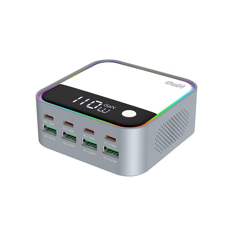 Chargeur rapide USB C 490 W, 8 ports USB GaN avec port rapide PD&QC de 100 W et affichage numérique, charge rapide intelligente pour ordinateur portable/MacBook/iPad/iPhone plusieurs appareils