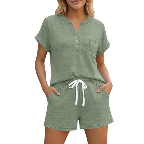 Women 2 Piece Summer Short Sets Lounge Outfits Vacation Cruise Travel Beach Loungewear Cute Pajamas with Pockets Green