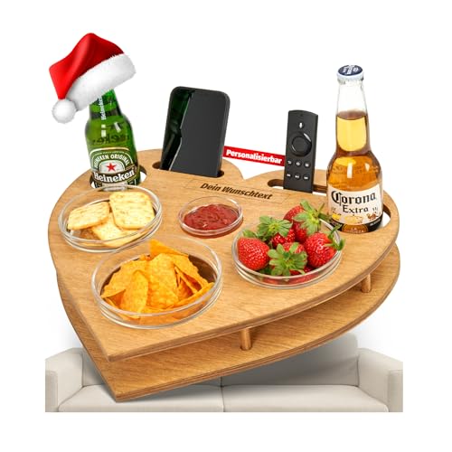 Couchbar Herz 1.0 mit 4 Glasschalen | handgefertigt | Holz | Personalisierbar | Snackbar | Sofabutler | Sofa Tablett | Snackbox | Bettbar Sofa Tablett | Organizer