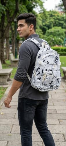 Image of YUMA Graffiti Print Backpack, White and Black, Multi-Pocket, Casual Style, for Women