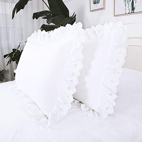 YINFUNG Eyelet Pillow Shams White Lace Ruffled Standard Shabby Chic Set of 2 Pillowcases Scalloped Farmhouse Country French Pretty Girls Cute Ruffle Embroidered 2 Pieces 20×26 Vintage Cotton 100%