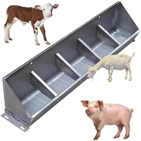 Heavy Duty 2-in-1 Livestock Feed Trough for Pigs, Sheep, and Cattle - Stainless Steel Hanging Goat Feeder, Sloped Opening, Separated Fence Design, 39.4" Long, Easy Access Feeding.
