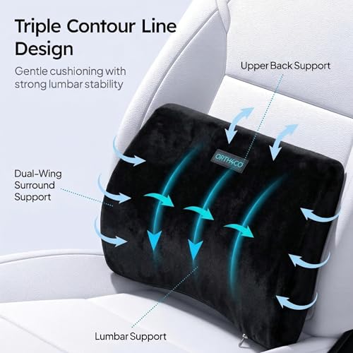 Image of Lumbar Support Back Cushion for Car Seat & Office Chair, Ergonomic Lower Back Support Pillow for Back Pain Relief, Portable Backrest Cushion for Driving, Travel, Home & Work Seating (Black)