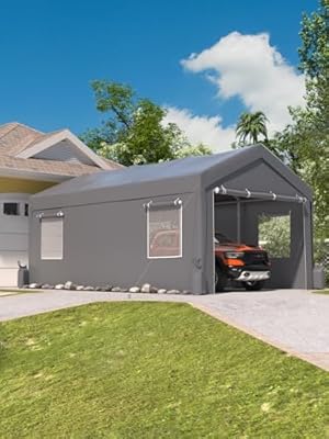 GarveeLife 12x20 FT Heavy-Duty Portable Carport, Upgraded Extra-Large Space with Roll-Up Ventilated Windows, All-Season Waterproof UV-Resistant Canopy, Outdoor Shelter for Trucks and Boats - Grey