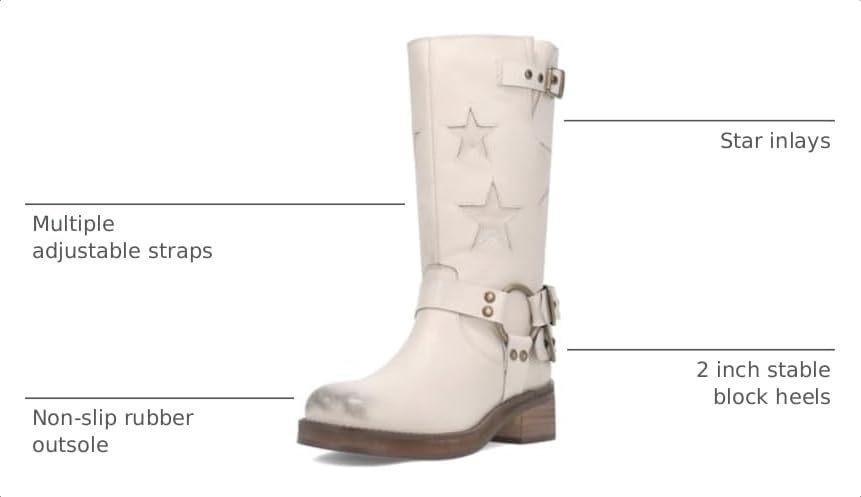 Image of Goolita Women's Buckle Biker Knee High Boots Square Toe Chunky Heel Star Moto Mid Calf Boots Slip On Motorcycle Riding Boot
