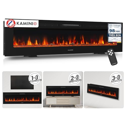 KAMINIO Cheminée Electrique Marlon - Cheminée Électrique 3-en-1 avec Chauffage, Effet de Flamme 3D, 12 Couleurs de Flammes, télécommande (70 Pouces)