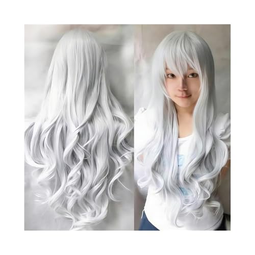 80 cm długości, kręcone, falowane peruki z grzywką, dla kobiet, do cosplay, kostiumu, peruki, syntetyczne, odporne na wysokie temperatury, dodają objętości włosów (srebrno-białe)