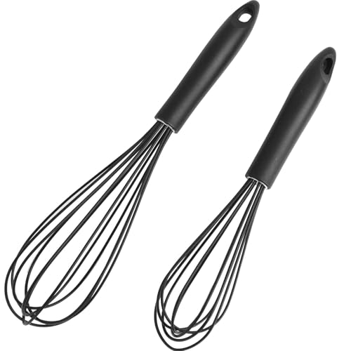 2 Pièces Fouets de Cuisine en Silicone Noir - Fouets à Ballon pour Mélanger, Fouetter, Battre, Mousser, Manche Antidérapant, Résistant à la Chaleur,...