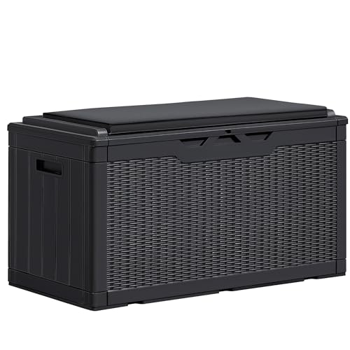 Greesum 100 Gallon Resin Deck Box Large Outdoor Storage Boxes with Cushions for Garden Tools, Patio Furniture Pillows, Pool Supplies, Black