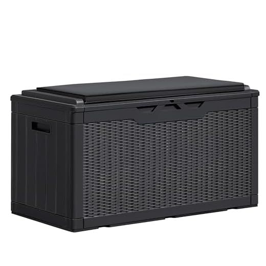 Greesum 100 Gallon Resin Deck Box Large Outdoor Storage Boxes with Cushions for Garden Tools, Patio Furniture Pillows, Pool Supplies, Black