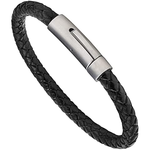 LUXAR Men’s Genuine Leather Bracelets | Interwoven Black Leather Bracelets with Round Brushed Stainless Steel Clasp (Silver, large) Cover