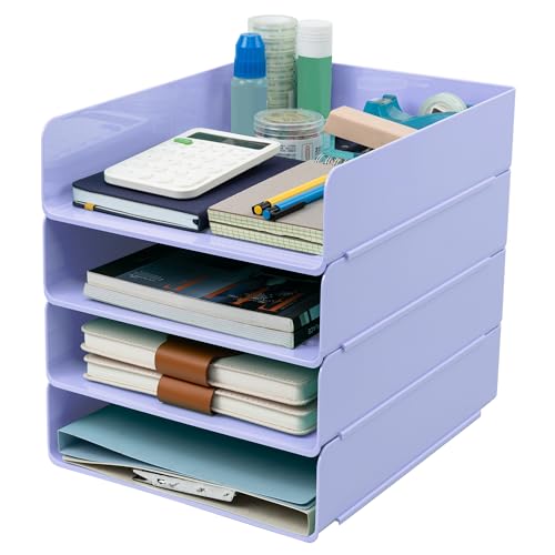 Tiawudi Desk Organizer, Office Organization and Storage, Plastic Letter Tray, Stackable File Organizer for Classroom, Home, Documents, Notes, Folders, Books and Pens, 4 Tier