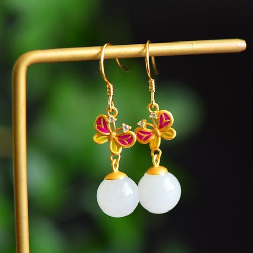 Boucles d'oreilles de Drop Hetian Jade : joaillerie émail papillon - 6