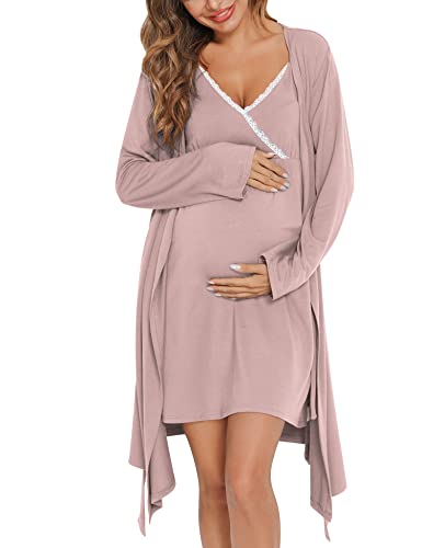 Image of SWOMOG Womens Maternity Robe 2 Piece Nursing Nightgown for Breastfeeding 3 in 1 Labor Delivery Nursing Dress Lace Bathrobe