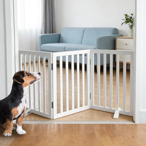 SFJC Dog Gate Indoor Freestanding Dog Fence for The House Doorways Hallways or Stairs Pet Gate Foldable Wooden Expandable 24 Height 3 Panels White