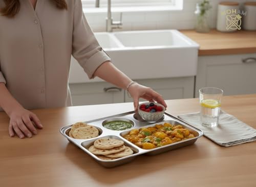 Image of MOHAM Stainless Steel Rectangular Partition Plate 5 in1 /Bhojan Thali /Compartment Plate /Steel Thali /Dinner Plate Pack of 3 of 1 for Breakfast /Lunch /Dinner /Pav Bhaji Plates