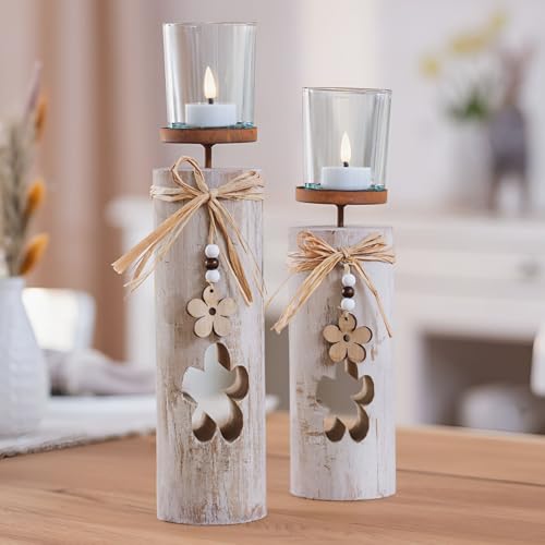 Dekoleidenschaft 2X Windlichtsäule Blüten aus Holz & Glas, 30 + 35 cm hoch, im Shabby Look, Teelichthalter, Holzsäule mit Kerzenglas