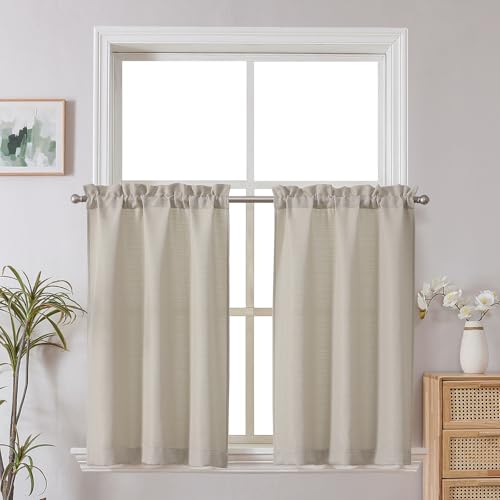 Chyhomenyc 24 Inch Length Tier Curtains, Faux Linen Textured Light Filtering Short Small Cafe Curtains for RV Camper Bathroom Window, 30x24 Inch, 2PCS, Moon Beige