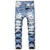 ZEESEN Ripped Jeans for Men Regular Fit Tapered Leg Blue Distressed Denim Pants Classic Cowboy Light Wash Dress Destroyed with Hole (BL9110-34)
