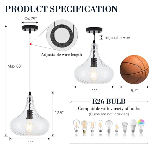 VILUXY Glass Pendant Lights 11inch Large Modern Black Pendant Lighting Fixtures for Kitchen Island Striped Shade 1 Light Single Ceiling Hanging Light for Kitchen Sink Dining Room Hallway, UL Listed by VILUXY - Used condition - Image 2