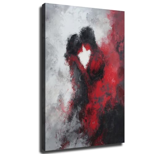 Abstract Embracing Couple Red & Black Canvas Romantic Wall Art